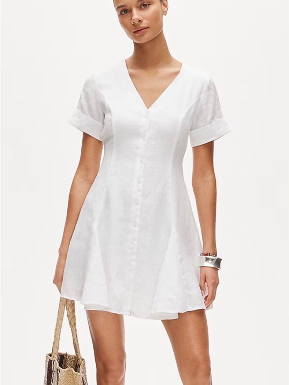J. Crew White Button-Front V-Neck Linen Dress